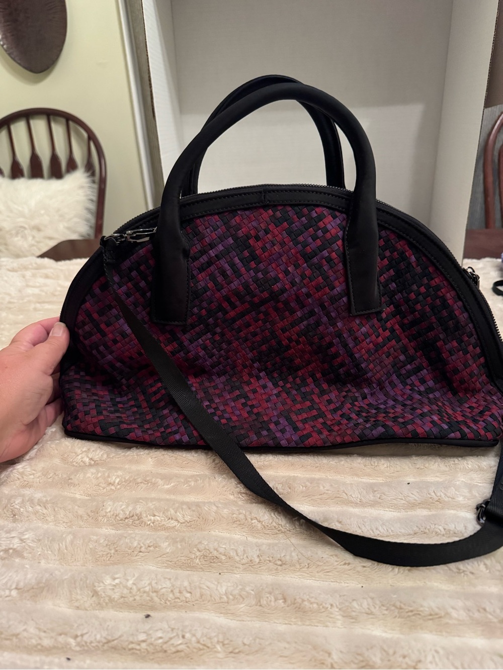 Woven Pattern Dome Satchel Handbag in Deep Berry